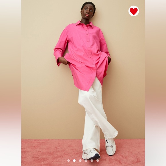 H&M Hot Pink Magenta Barbie Cotton Collared Button Down Tunic Shirt - Picture 2 of 6